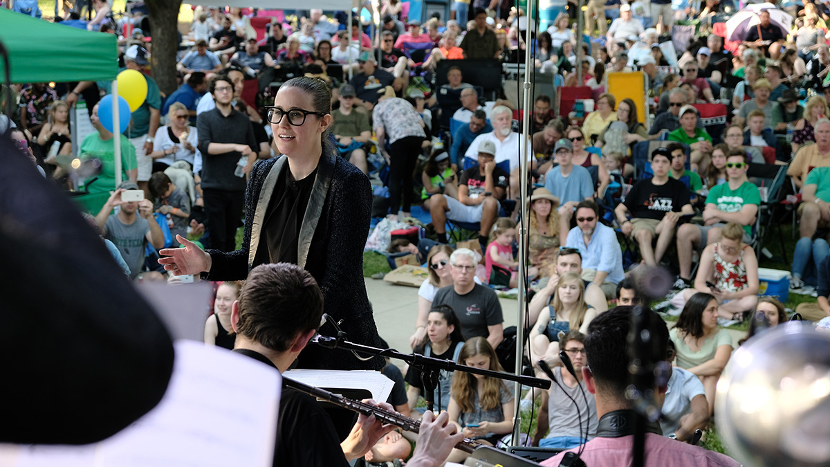 Colleen Clark directs the Four O&#039;Clock Lab Band at Denton Arts &amp; Jazz Festival 2019. Photo by Christopher Walker.